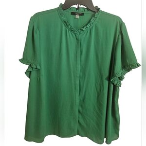 T Tahari Ruffle Neck Collared Emerald Short Sleeve Blouse Sz 2X